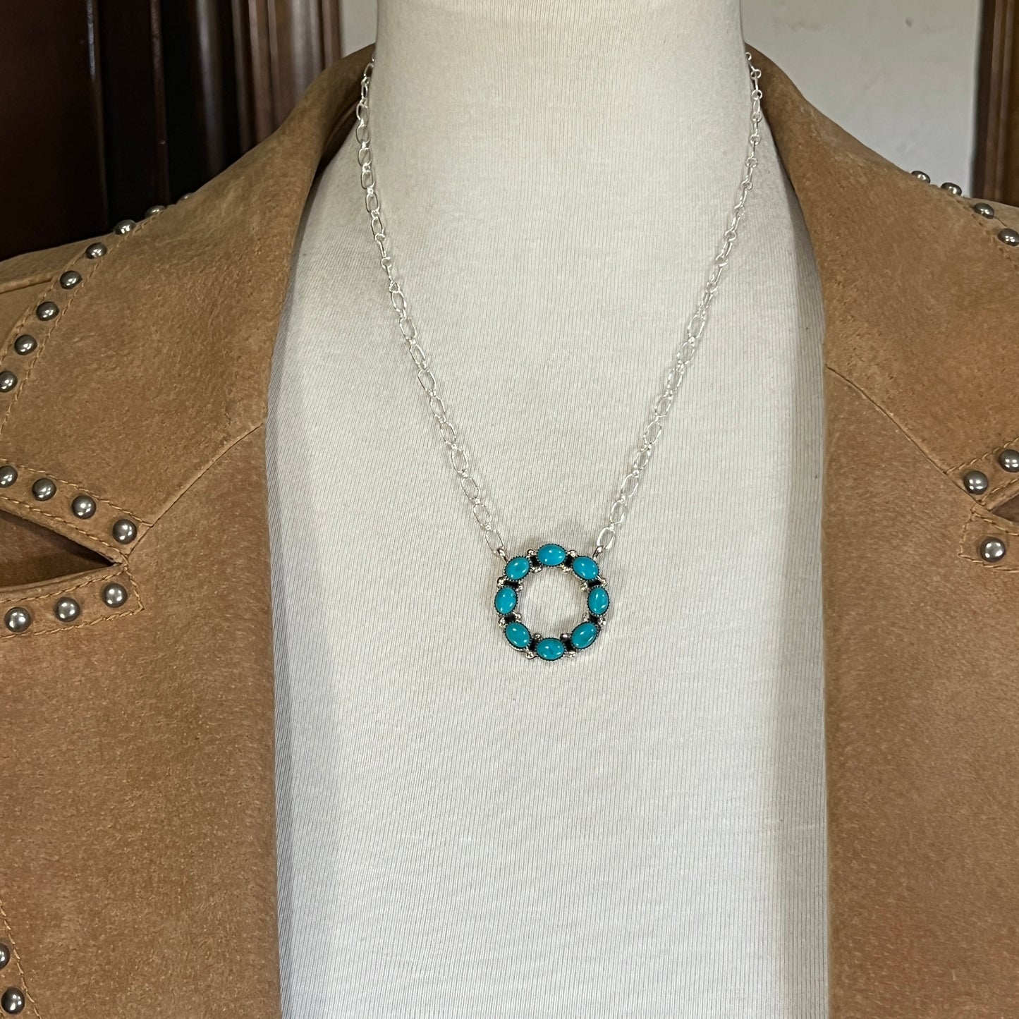 Kingman turquoise eternity open circle multi stone necklace 18", Navajo handmade Loretta Delgarito, sterling silver