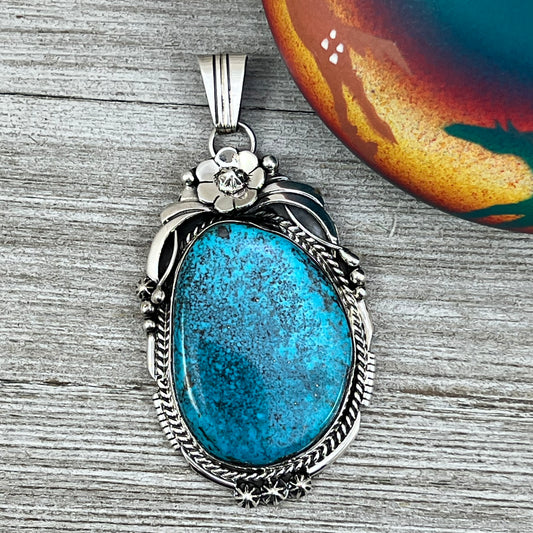 XL extra large, Blue Kingman turquoise pendant #2, Navajo handmade Rita Long, sterling silver, signed