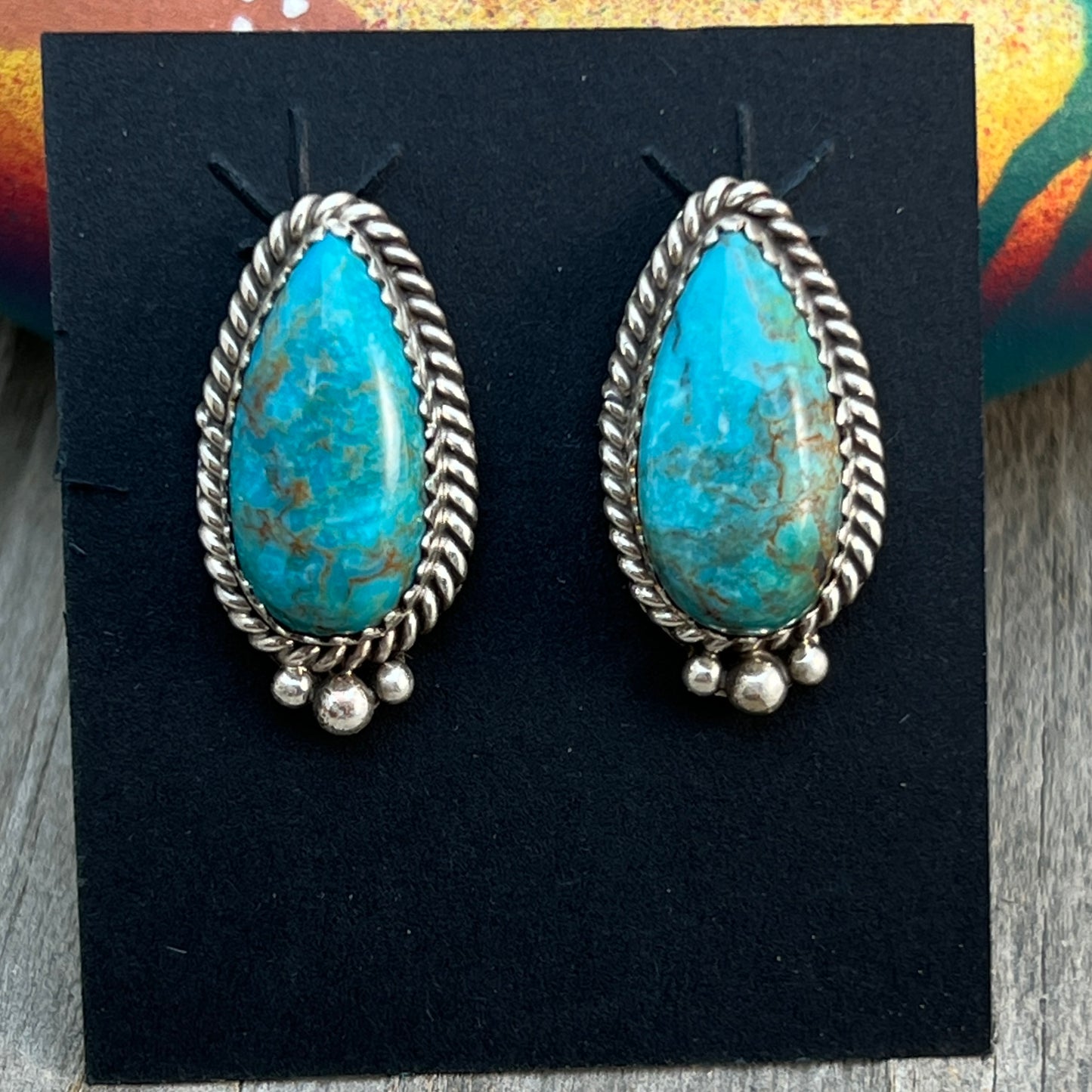 Blue Kingman Turquoise Teardrop stud earrings sterling silver Theresa Smith Navajo 718