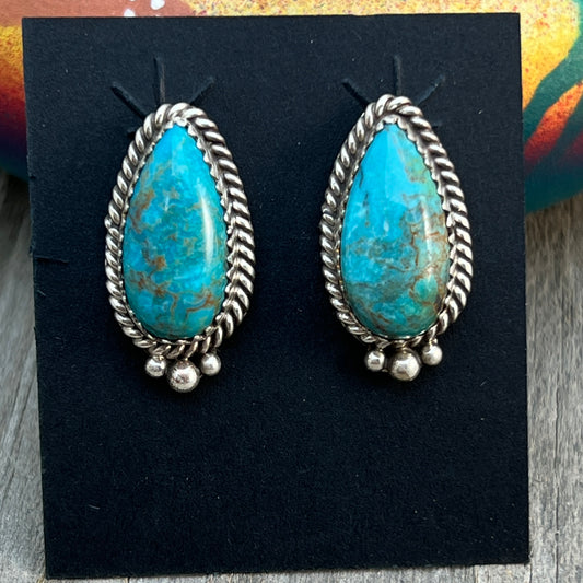 Blue Kingman Turquoise Teardrop stud earrings sterling silver Theresa Smith Navajo 718