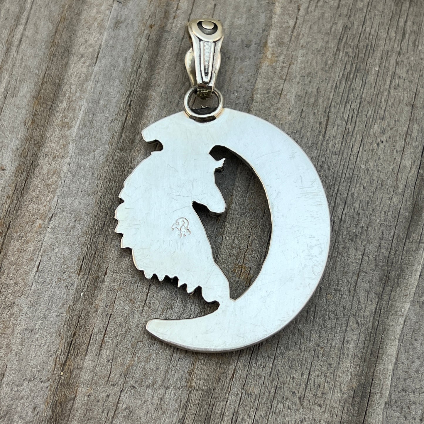 Blue turquoise horse moon pendant sterling silver Jennifer Cayaditto Navajo 818