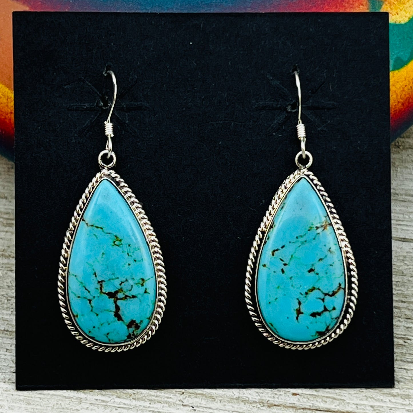 Blue turquoise teardrop earrings sterling silver Sharon McCarthy Navajo ER53