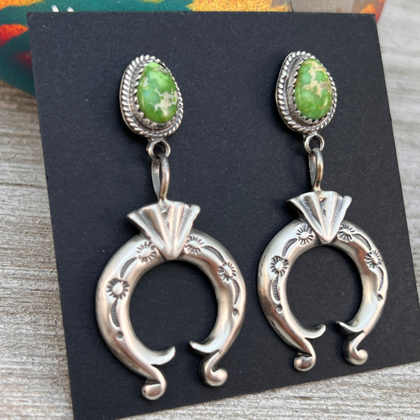 Green Sonoran Turquoise Naja Earrings 9, Navajo Paige Gordon Sterling Silver