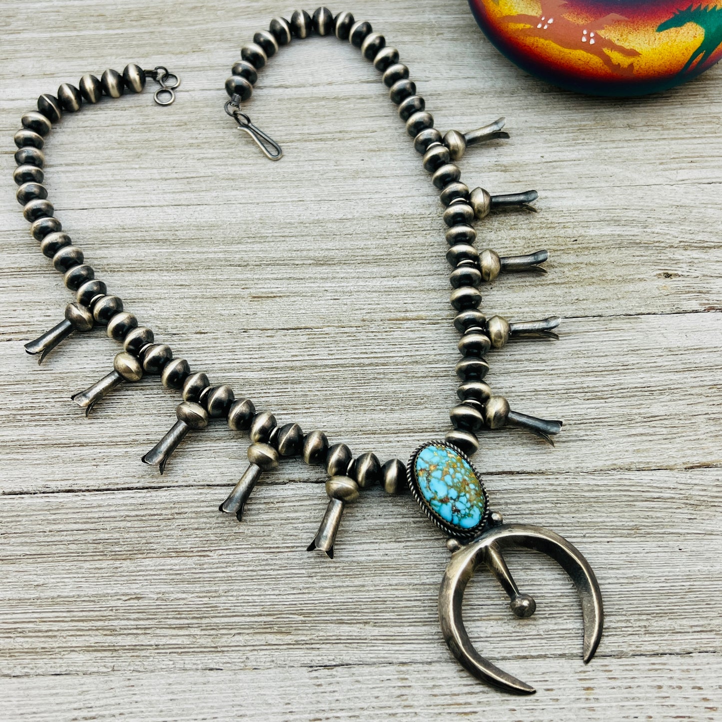 21 1/2" Sterling silver Navajo Squash Blossom necklace Preston Haley signed handmade beads