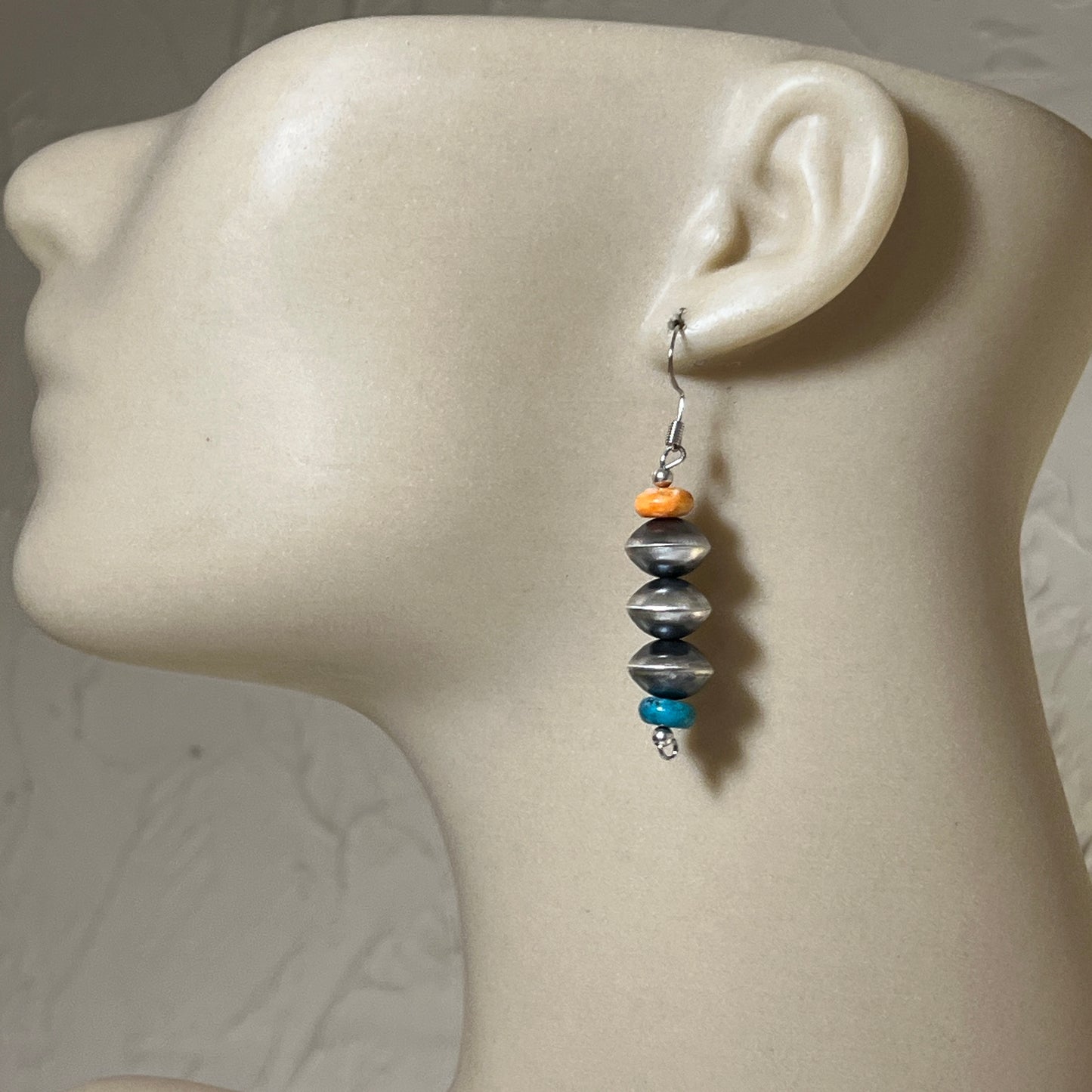 Sterling silver handmade bead earrings Navajo Pearl signed Ashanti Nez 682