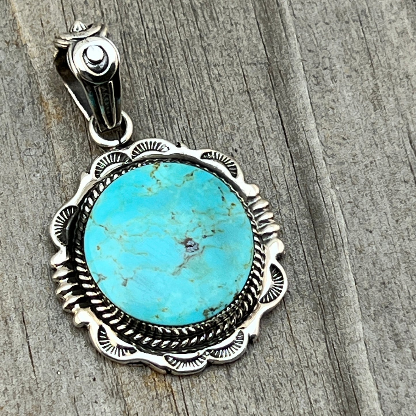 Kingman Turquoise Pendant Sterling silver Navajo handmade Jeremy Delgarito 761