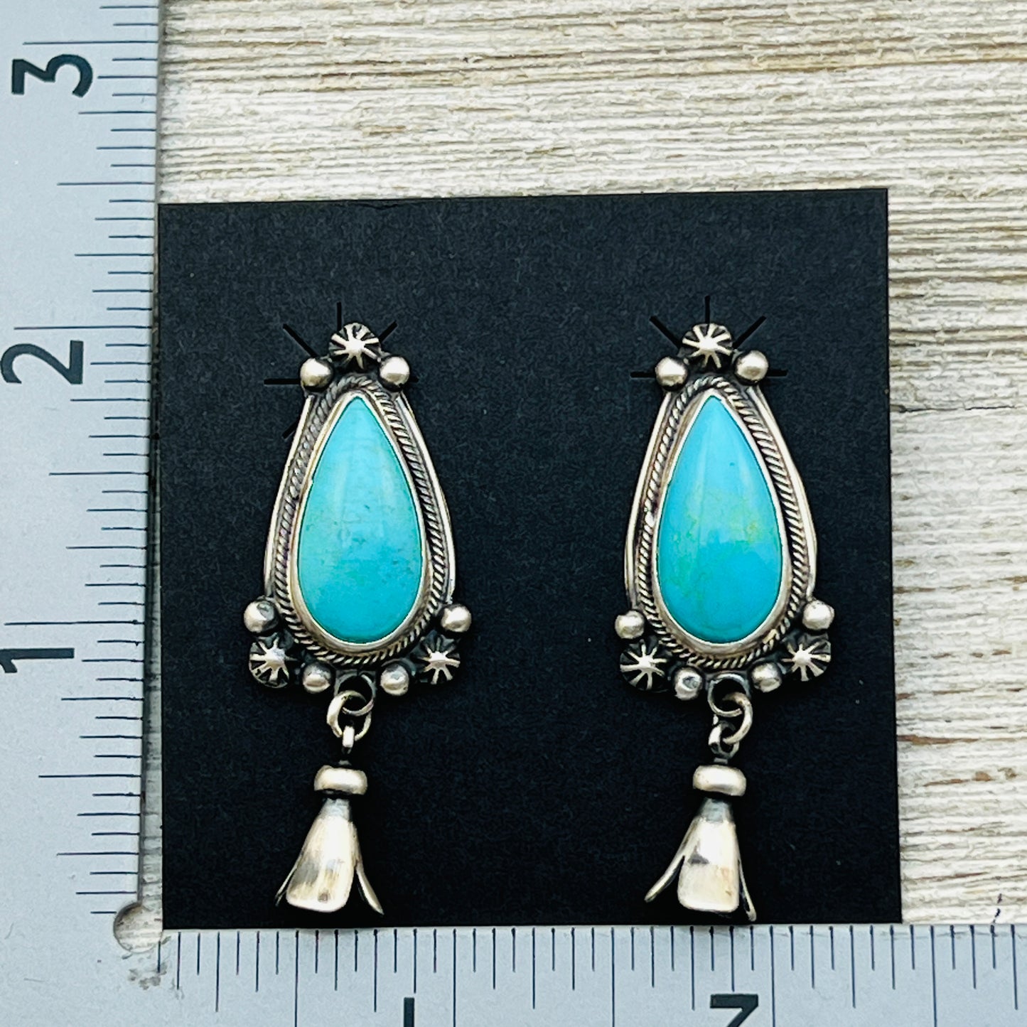 Sonoran Turquoise Navajo Squash Blossom Earrings Bobby Johnson signed Sterling silver ER4