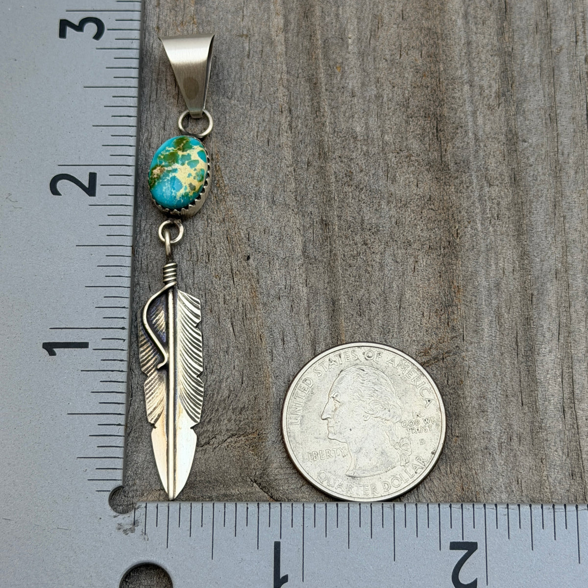 Sonoran Gold Turquoise sterling silver Feather Pendant Chris Charley Navajo PD4