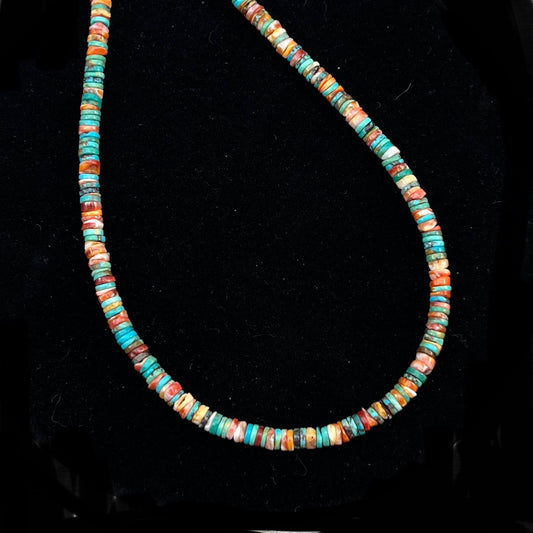 17", 4mm heishi necklace choker, turquoise red orange spiny oyster shell boho necklace 101B