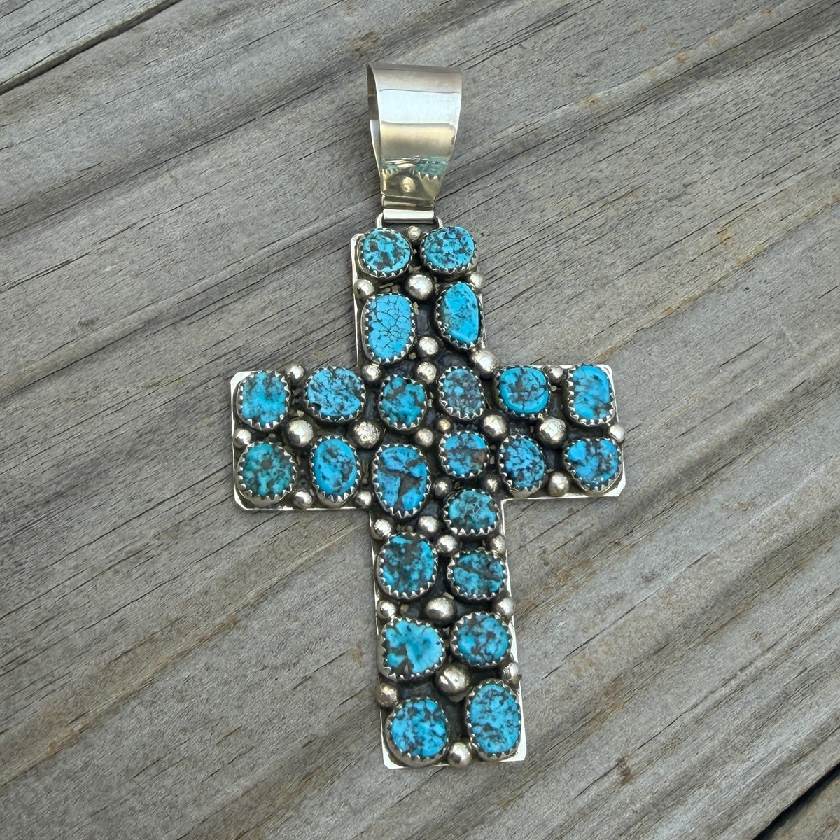 Kingman Turquoise Cross Pendant Melvin Jones Navajo handmade Sterling silver PD1