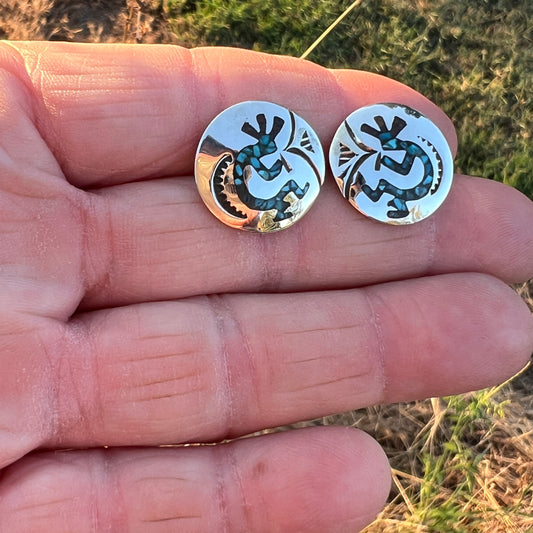 Turquoise Chip inlay Kokopelli small concho earrings Sterling silver Sally Shurley