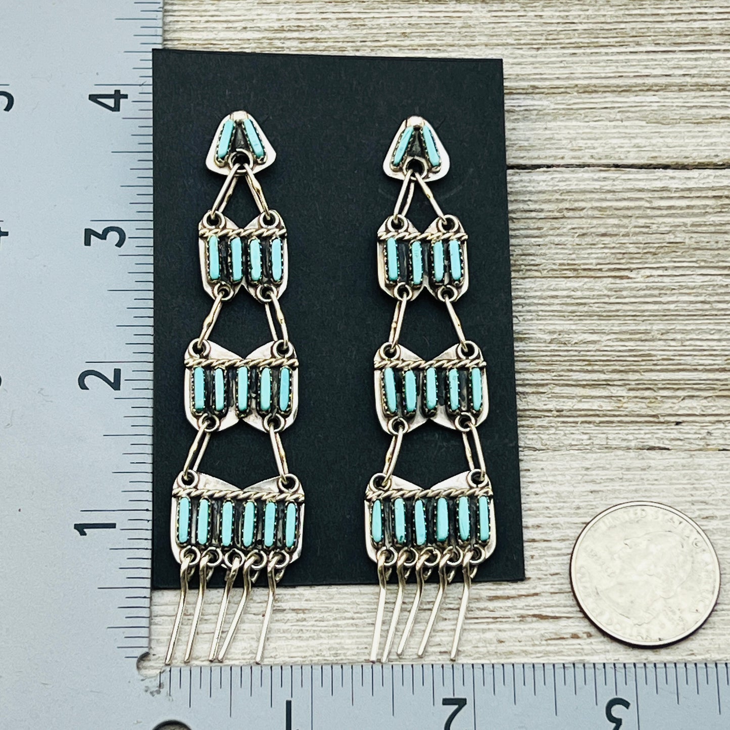 Long Turquoise needlepoint chandelier earrings Geraldine Faber Navajo handmade ER40