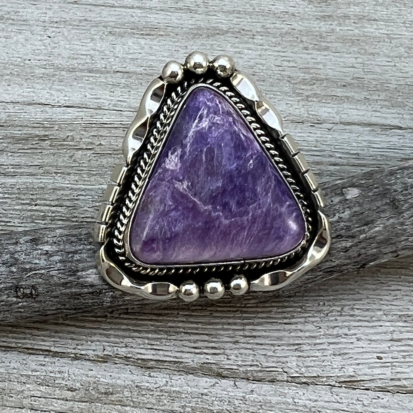 Size 8 3/4” Charoite sterling silver handmade ring #14 Navajo Samuel Yellowhair