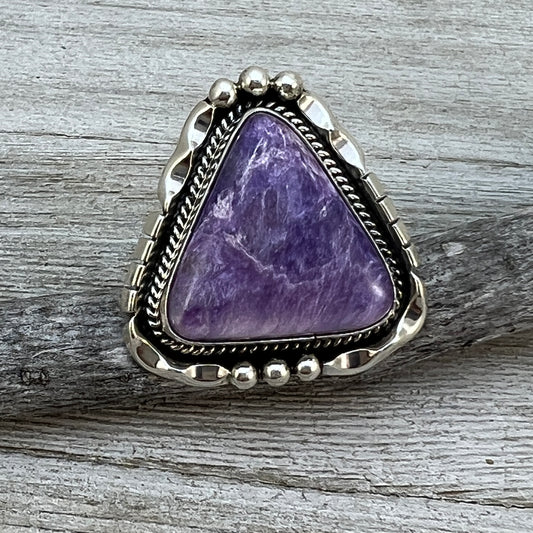 Size 8 3/4” Charoite sterling silver handmade ring #14 Navajo Samuel Yellowhair