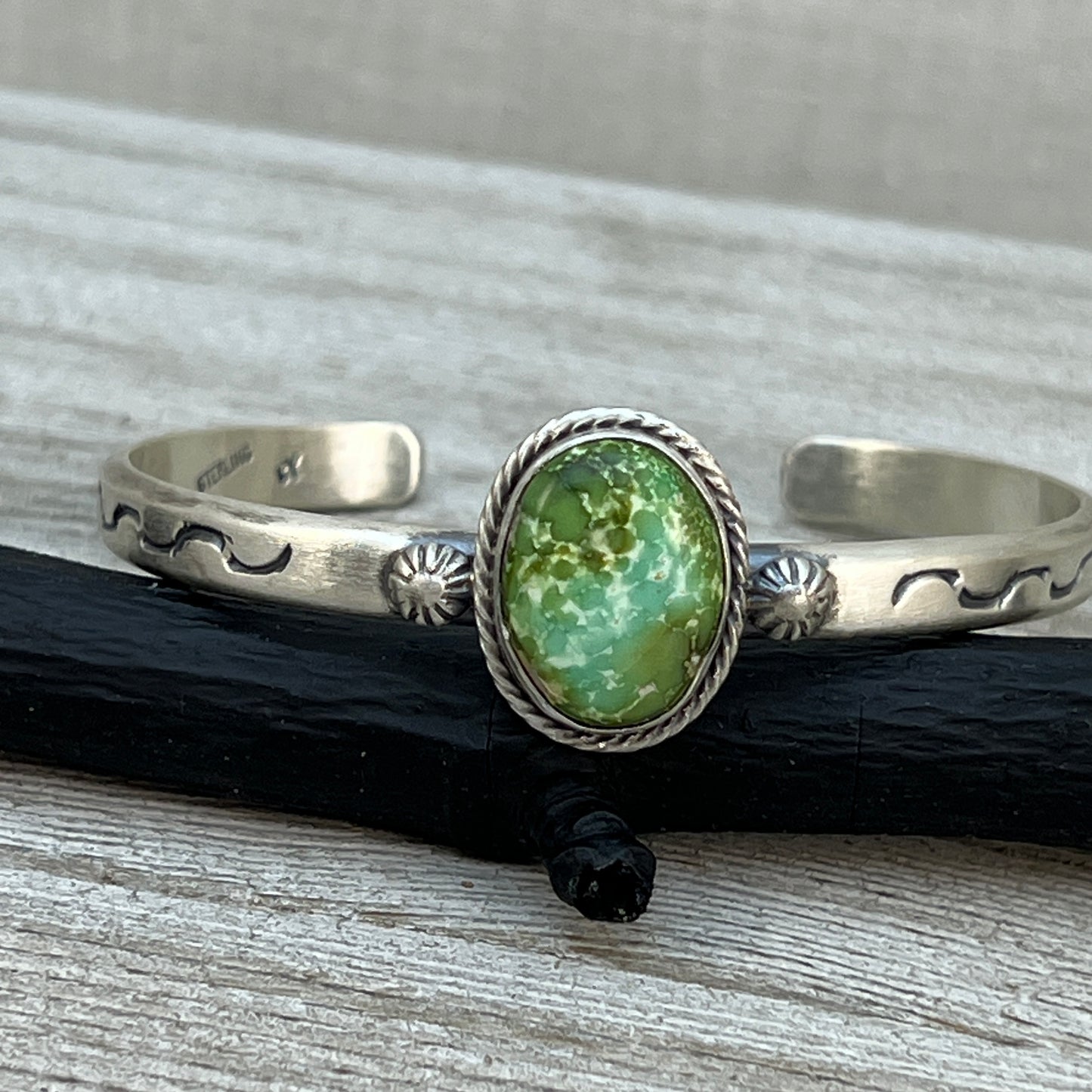 6.75" Green Sonoran Gold turquoise Cuff Bracelet, Sterling Silver Navajo Samuel Yellowhair