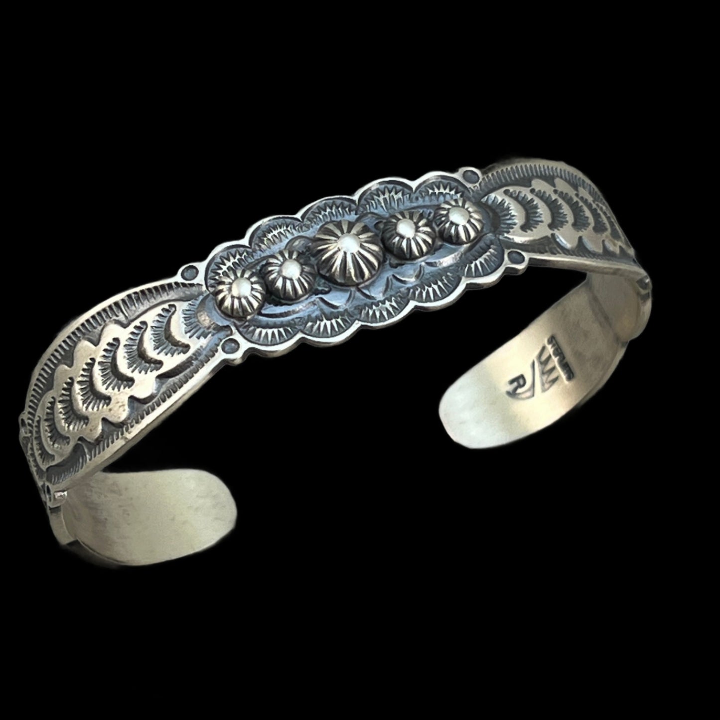 6 1/2" Sterling Silver Hand Stamped Cuff Bracelet, Benny Ramone, Old Style Navajo Buttons, Stars, concho