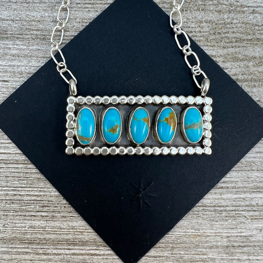 18" Blue Campitos turquoise rectangle bar necklace #2, Navajo handmade, sterling silver