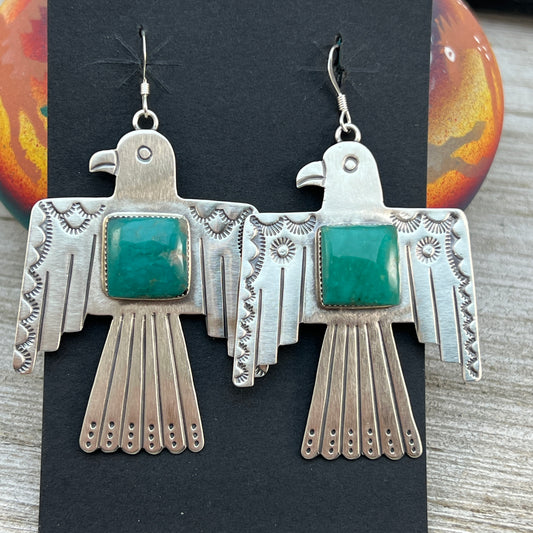 Navajo large Thunderbird dangle earrings sterling silver turquoise Jeremy Delgarito 401