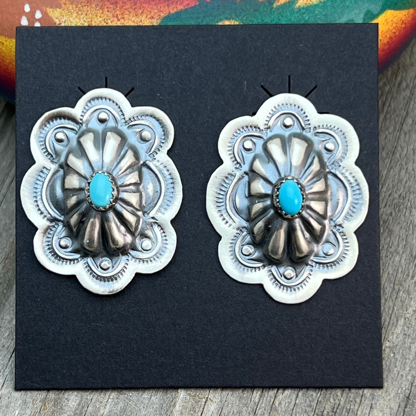 Turquoise stamped concho earrings sterling silver Lavina Benally Navajo 712