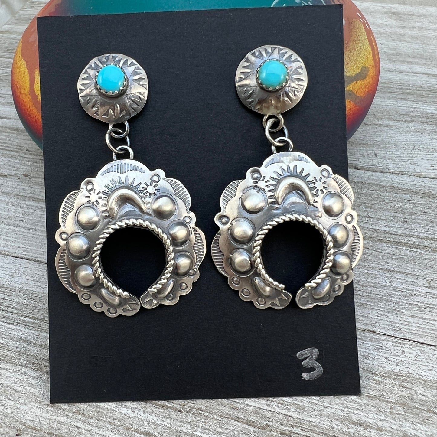 Sterling silver Turquoise Hand stamped naja concho earrings, Navajo Gabrielle Yazzie