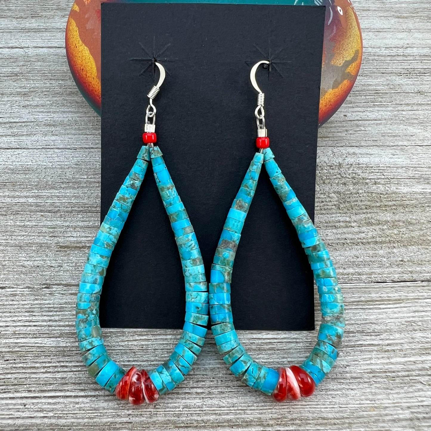 Kingman turquoise jacla earrings, Kewa, Santo Domingo LUPE LOVATO, handmade heishi,