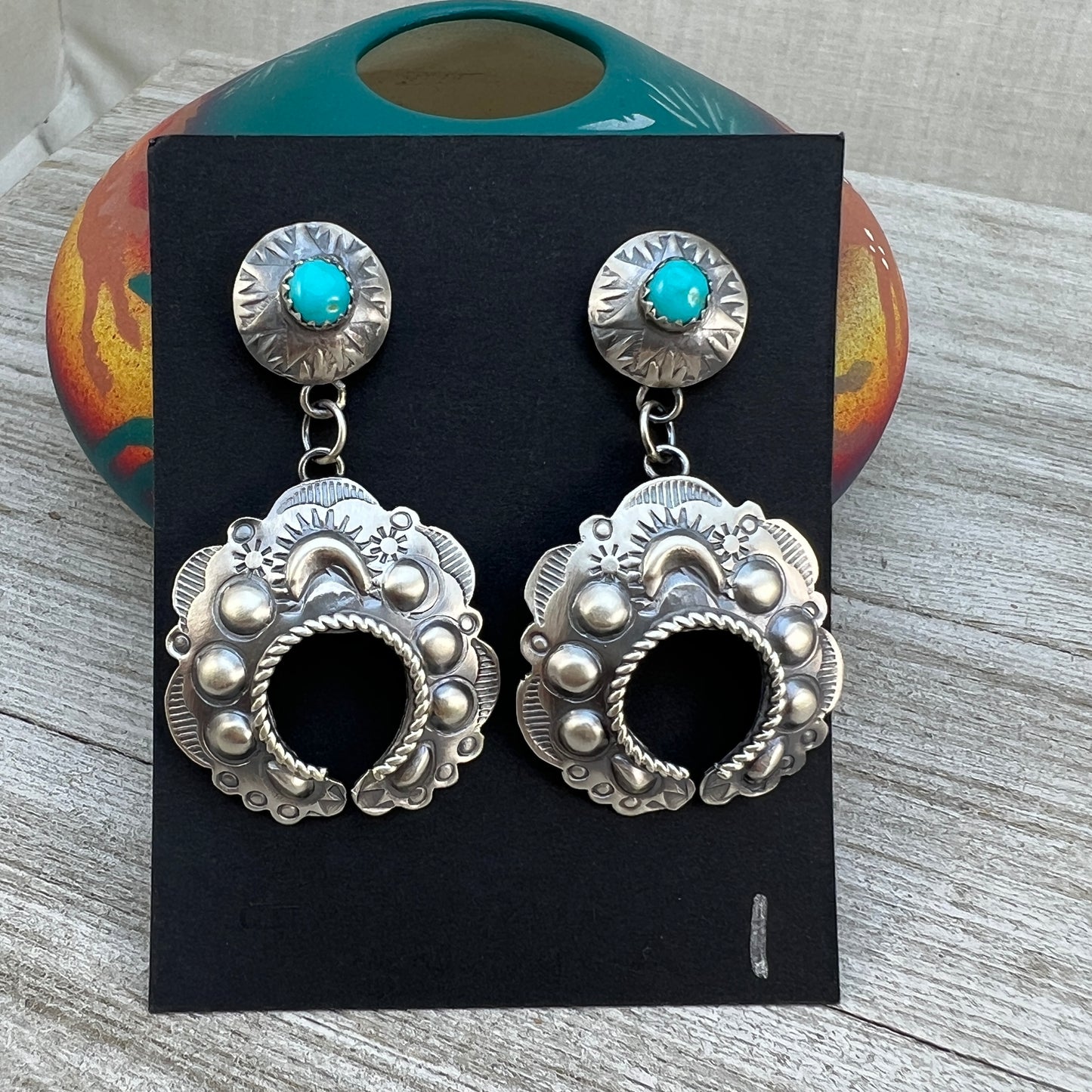 Sterling silver Turquoise Hand stamped naja concho earrings, Navajo Gabrielle Yazzie