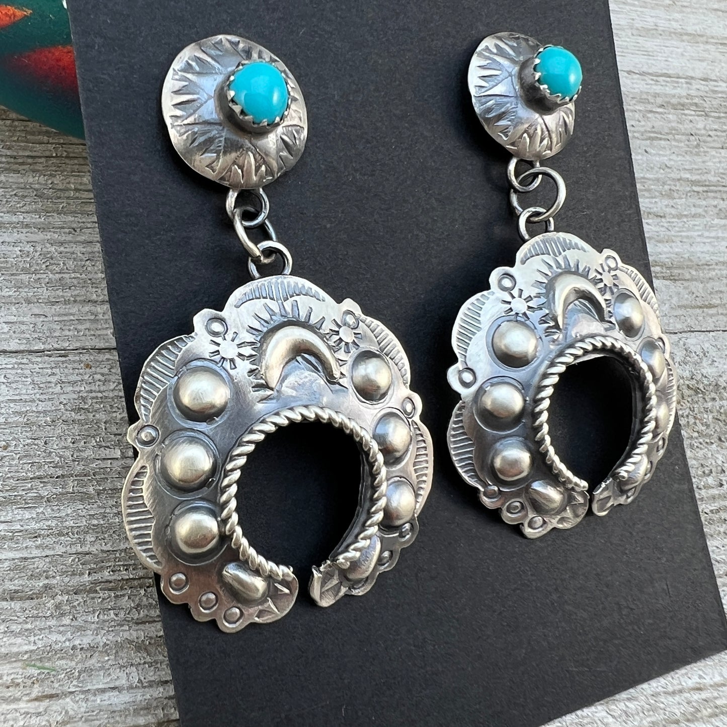 Sterling silver Turquoise Hand stamped naja concho earrings, Navajo Gabrielle Yazzie