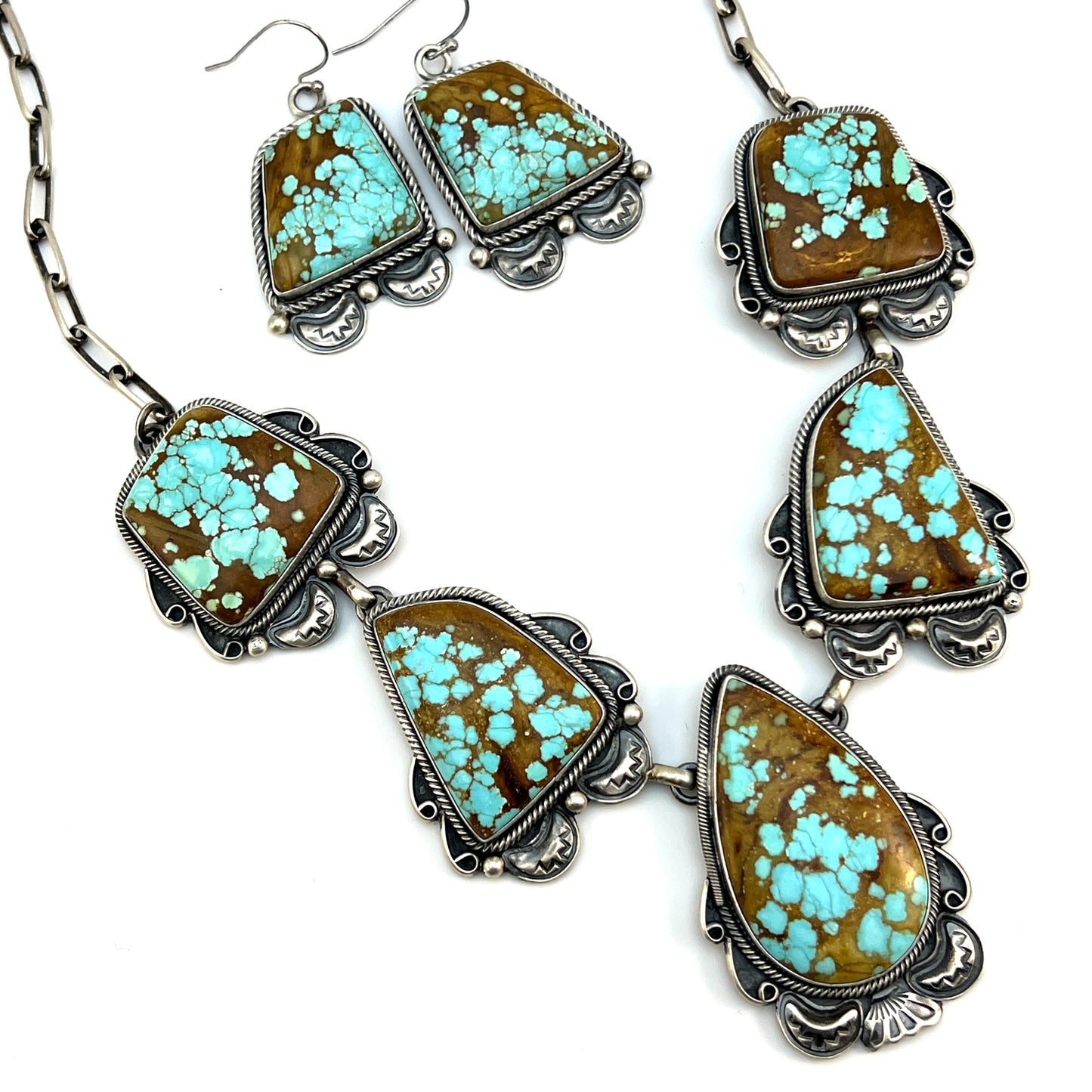 #8 Turquoise Station Necklace Earrings Set Sterling Silver Navajo Paul Livingston 641