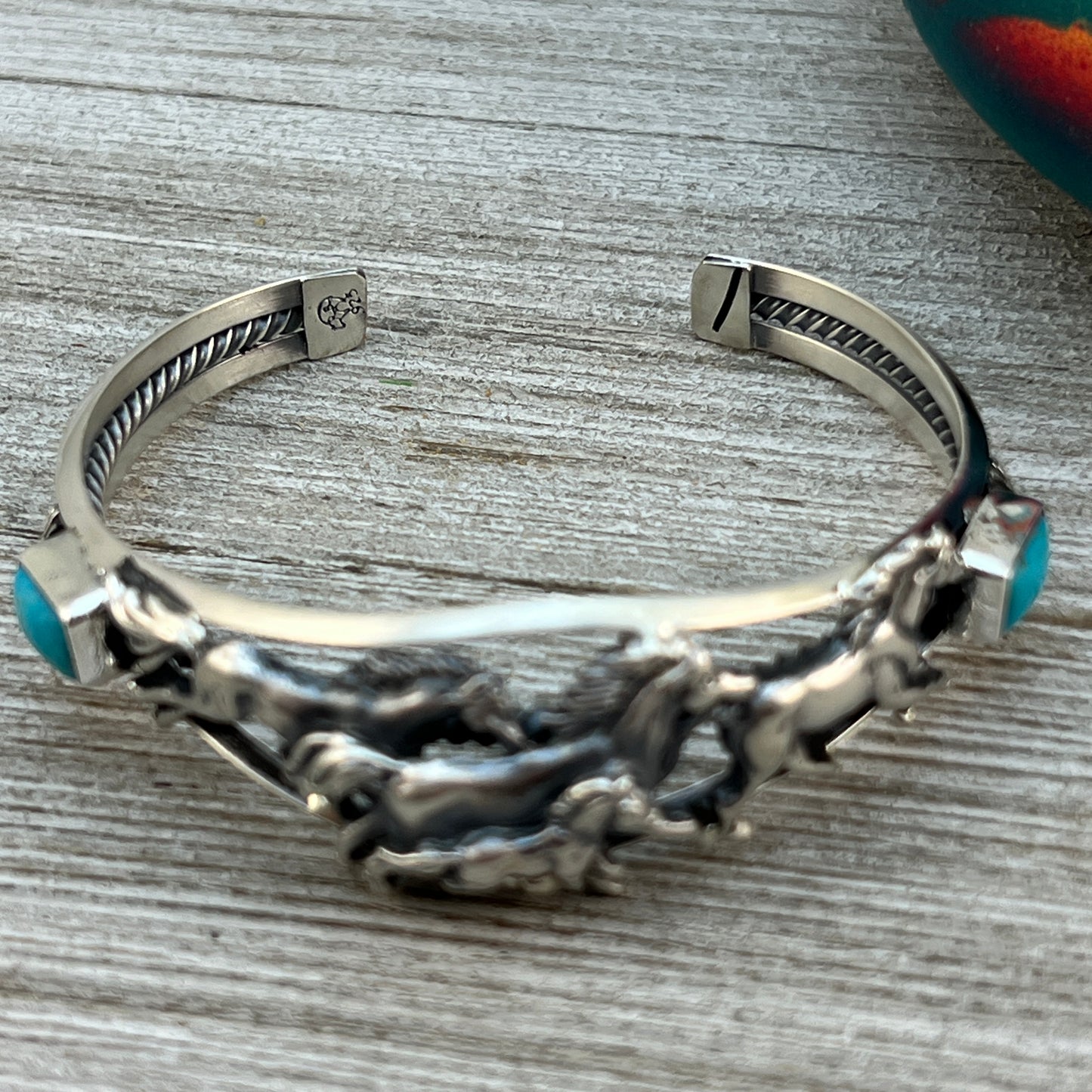 6 1/2" 7" Sterling silver Kingman Turquoise horse cuff bracelet, Navajo handmade Bobby Platero