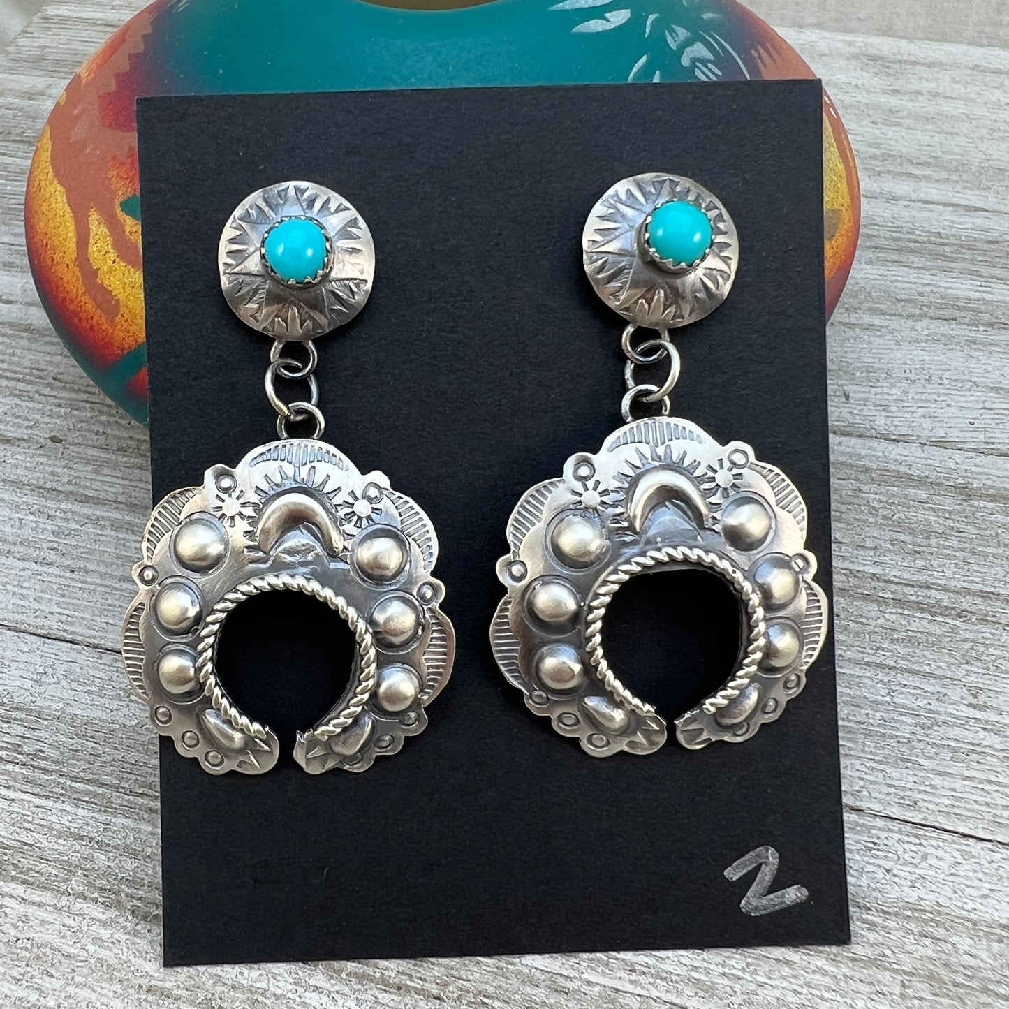 Sterling silver Turquoise Hand stamped naja concho earrings, Navajo Gabrielle Yazzie