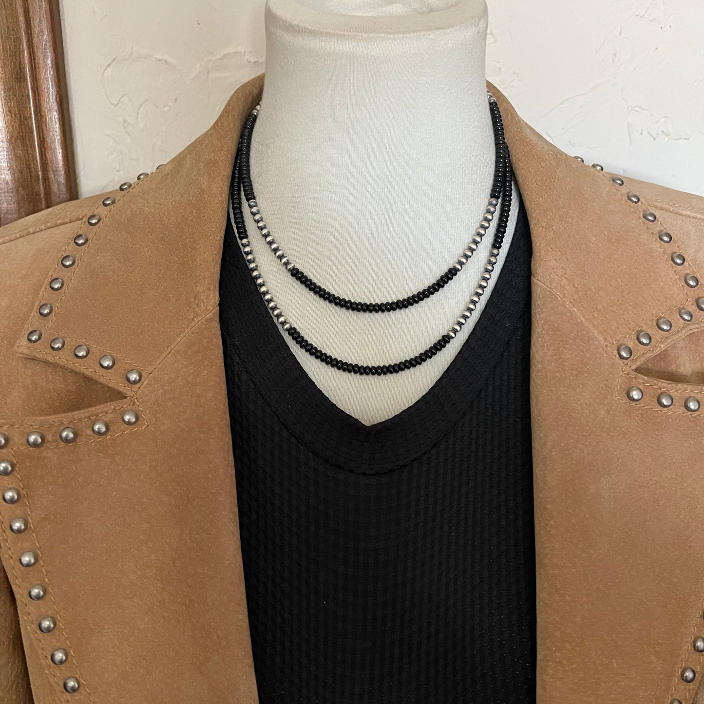 Real 925 sterling silver 4mm Black Onyx Necklace Oxidized Pearl BOHO Western Jewelry