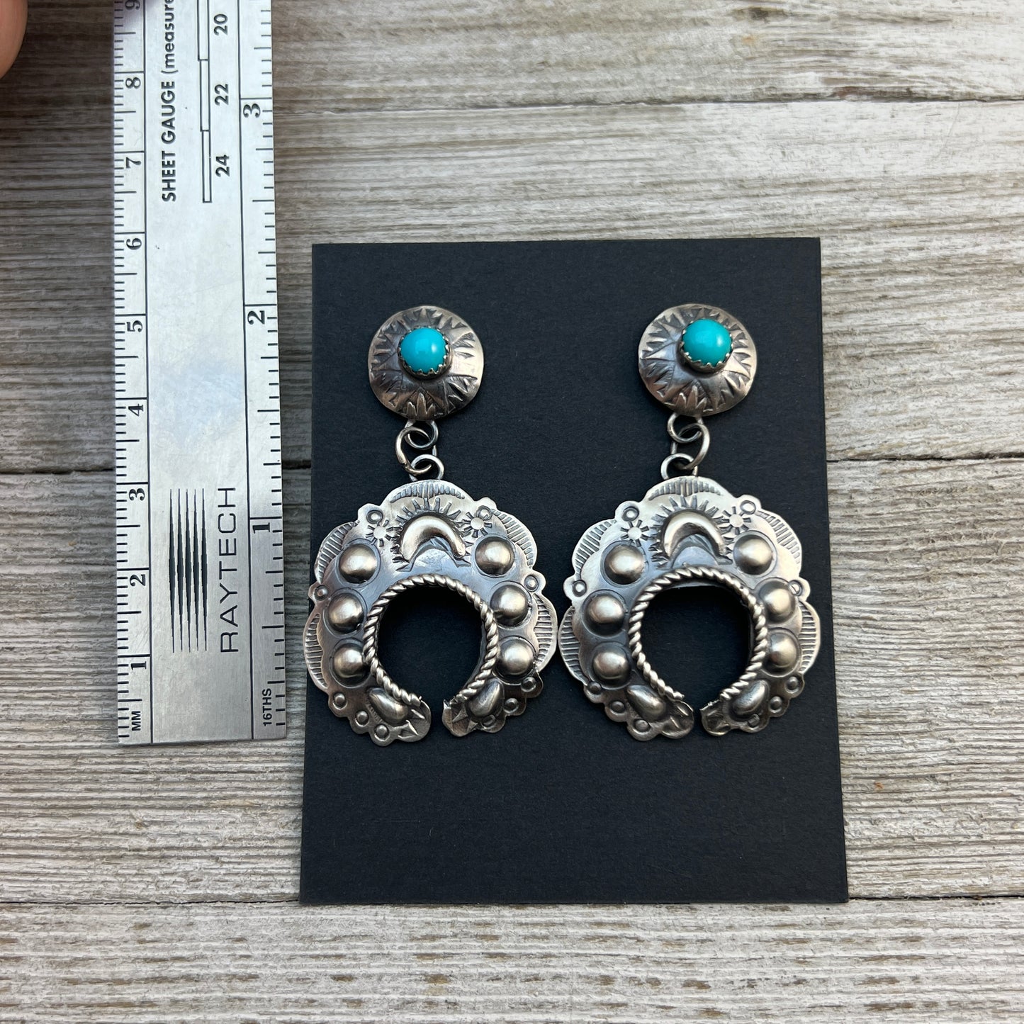 Sterling silver Turquoise Hand stamped naja concho earrings, Navajo Gabrielle Yazzie