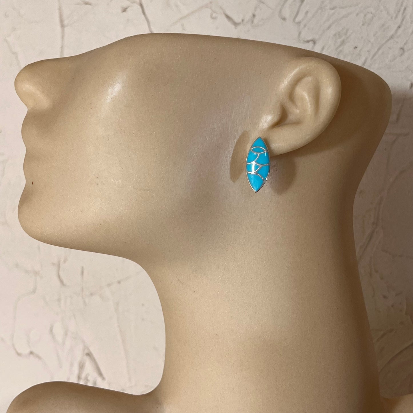 Zuni inlay turquoise fish scale design, marquis stud earrings, sterling silver, Orena Leekya