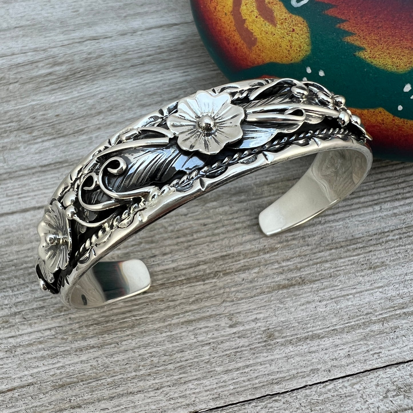 6 1/2" - 7" Sterling silver floral leaves cuff bracelet, Bessie Joe Navajo