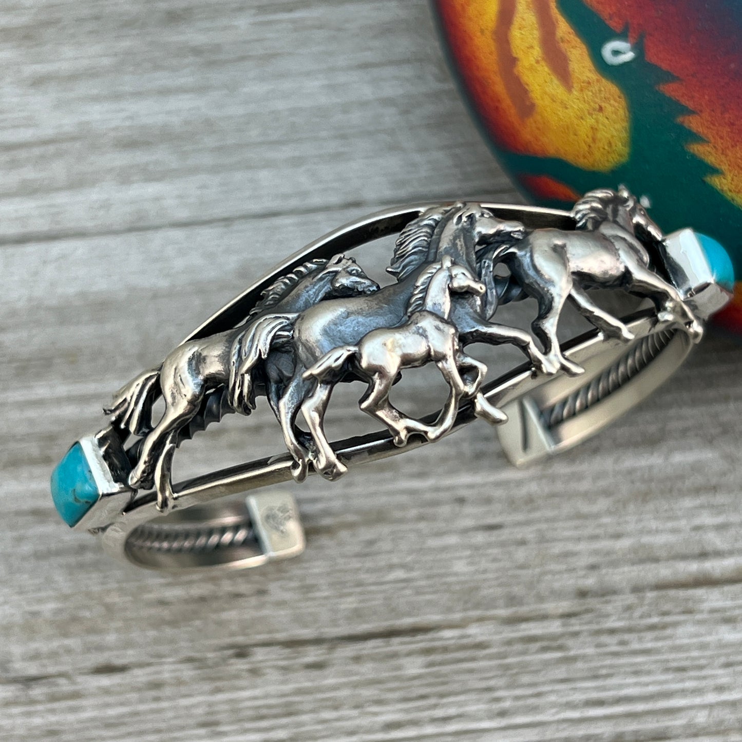 6 1/2" 7" Sterling silver Kingman Turquoise horse cuff bracelet, Navajo handmade Bobby Platero