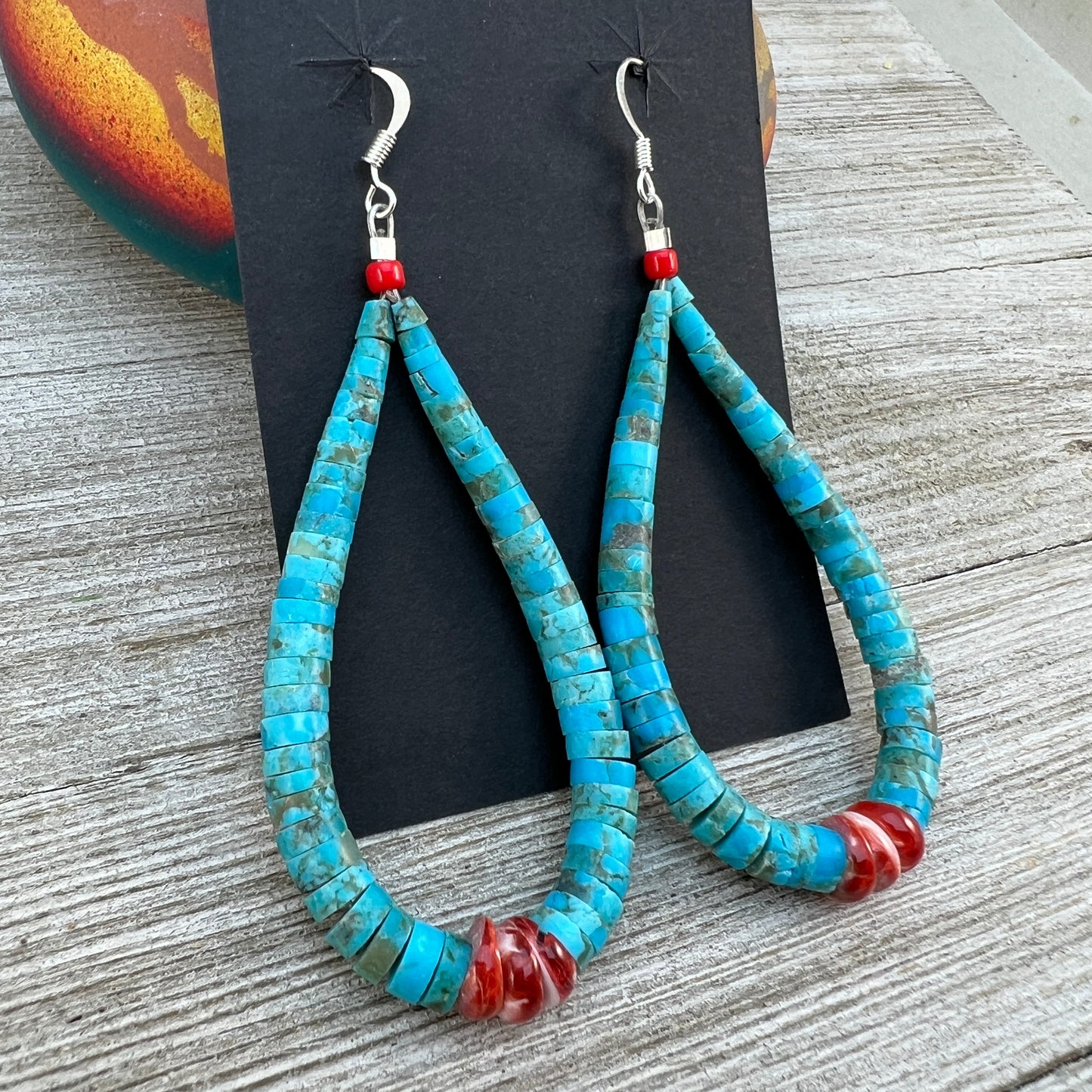 Kingman turquoise jacla earrings, Kewa, Santo Domingo LUPE LOVATO, handmade heishi,