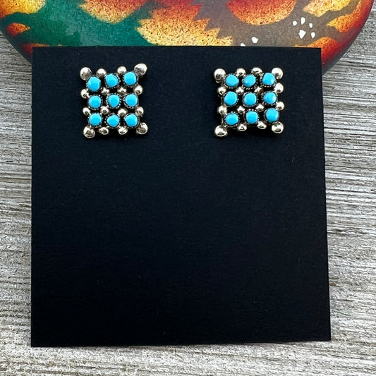 Zuni Turquoise small square snake eye stud earrings, sterling silver, handmade by Calvert Lamy