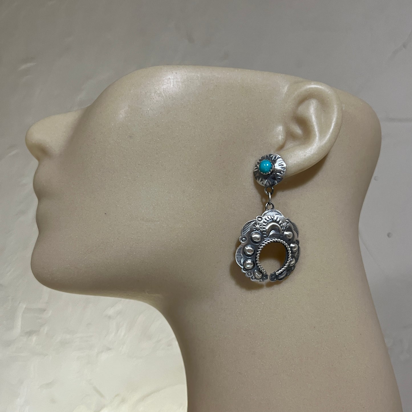 Sterling silver Turquoise Hand stamped naja concho earrings, Navajo Gabrielle Yazzie