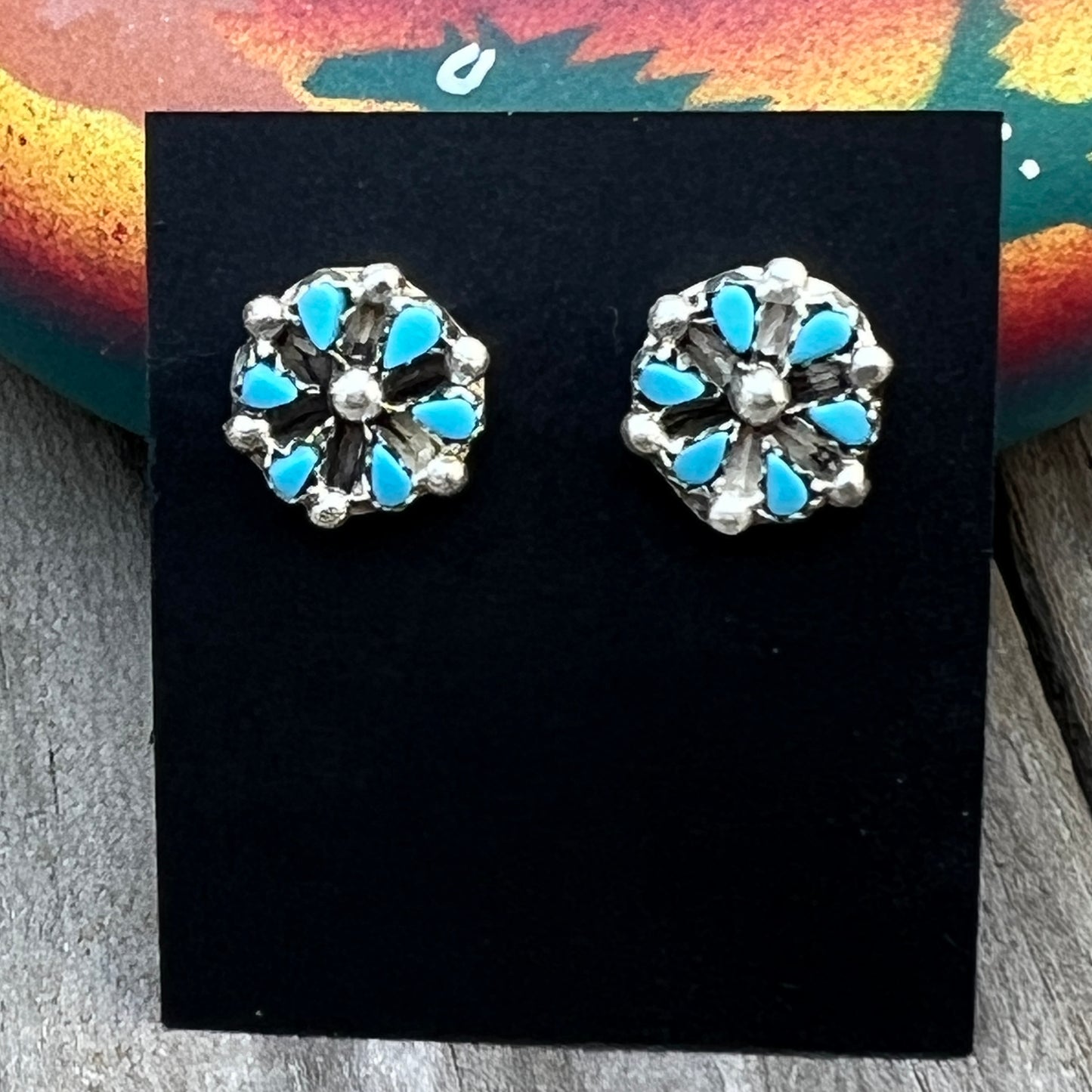 Small round Zuni Petit Point cluster Turquoise Stud Earrings sterling silver Tricia Leekity 549