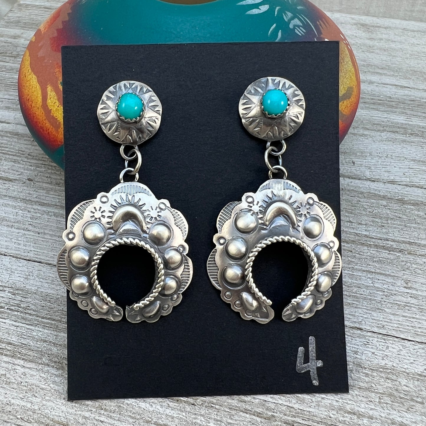 Sterling silver Turquoise Hand stamped naja concho earrings, Navajo Gabrielle Yazzie