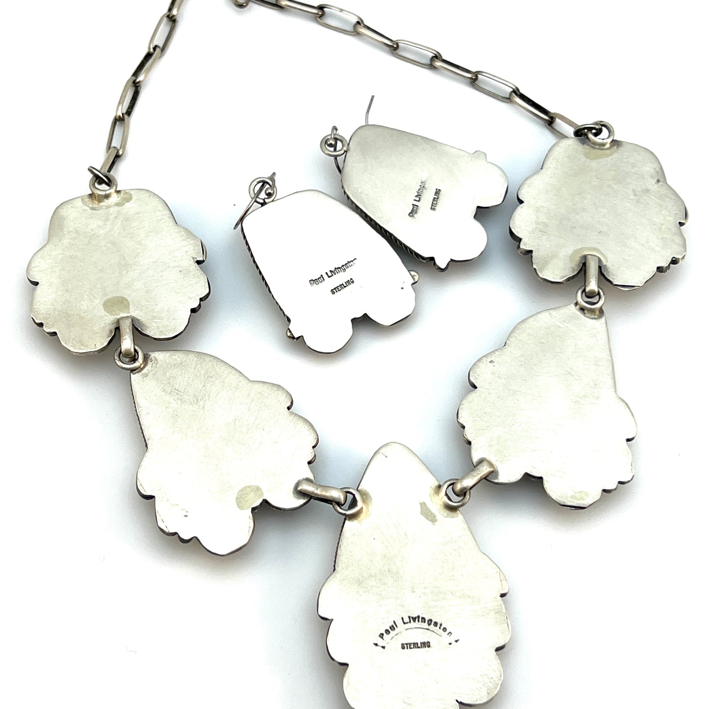 #8 Turquoise Station Necklace Earrings Set Sterling Silver Navajo Paul Livingston 641