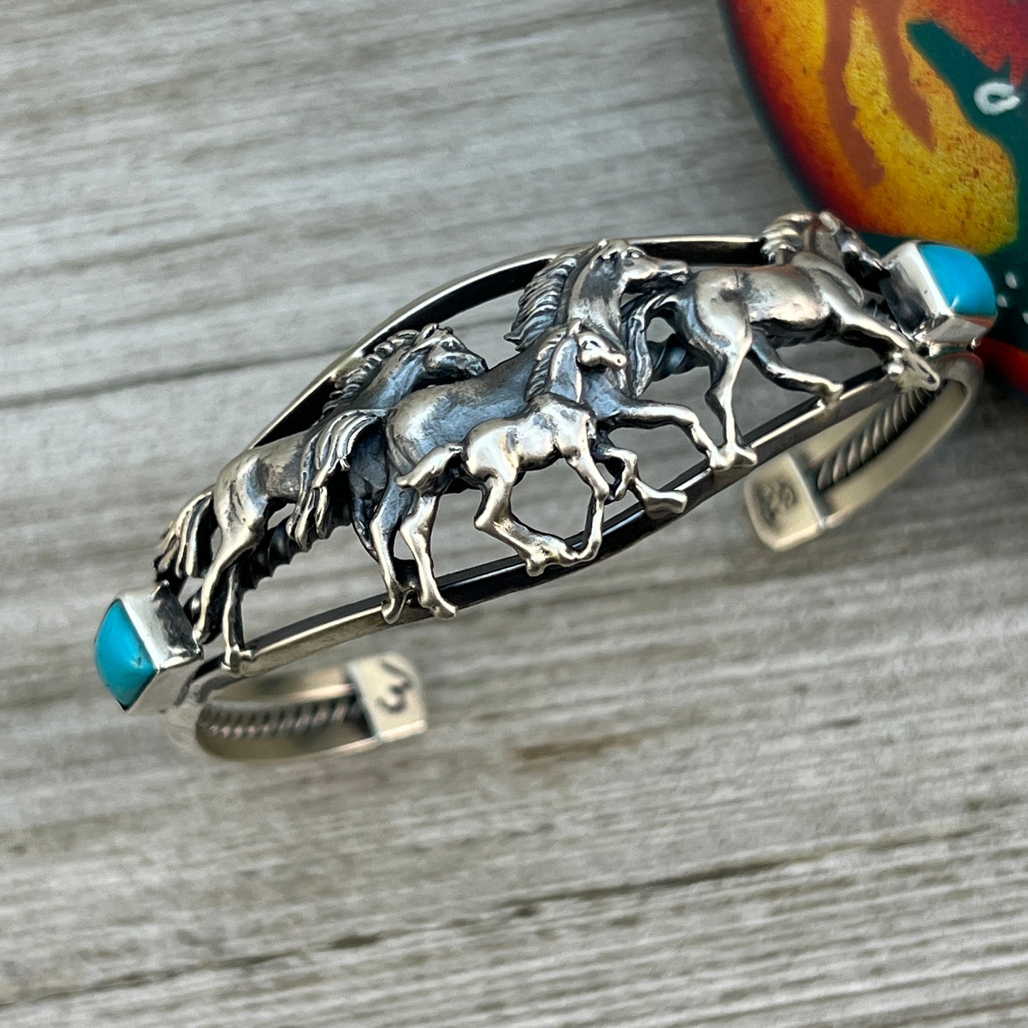 6 1/2" 7" Sterling silver Kingman Turquoise horse cuff bracelet, Navajo handmade Bobby Platero