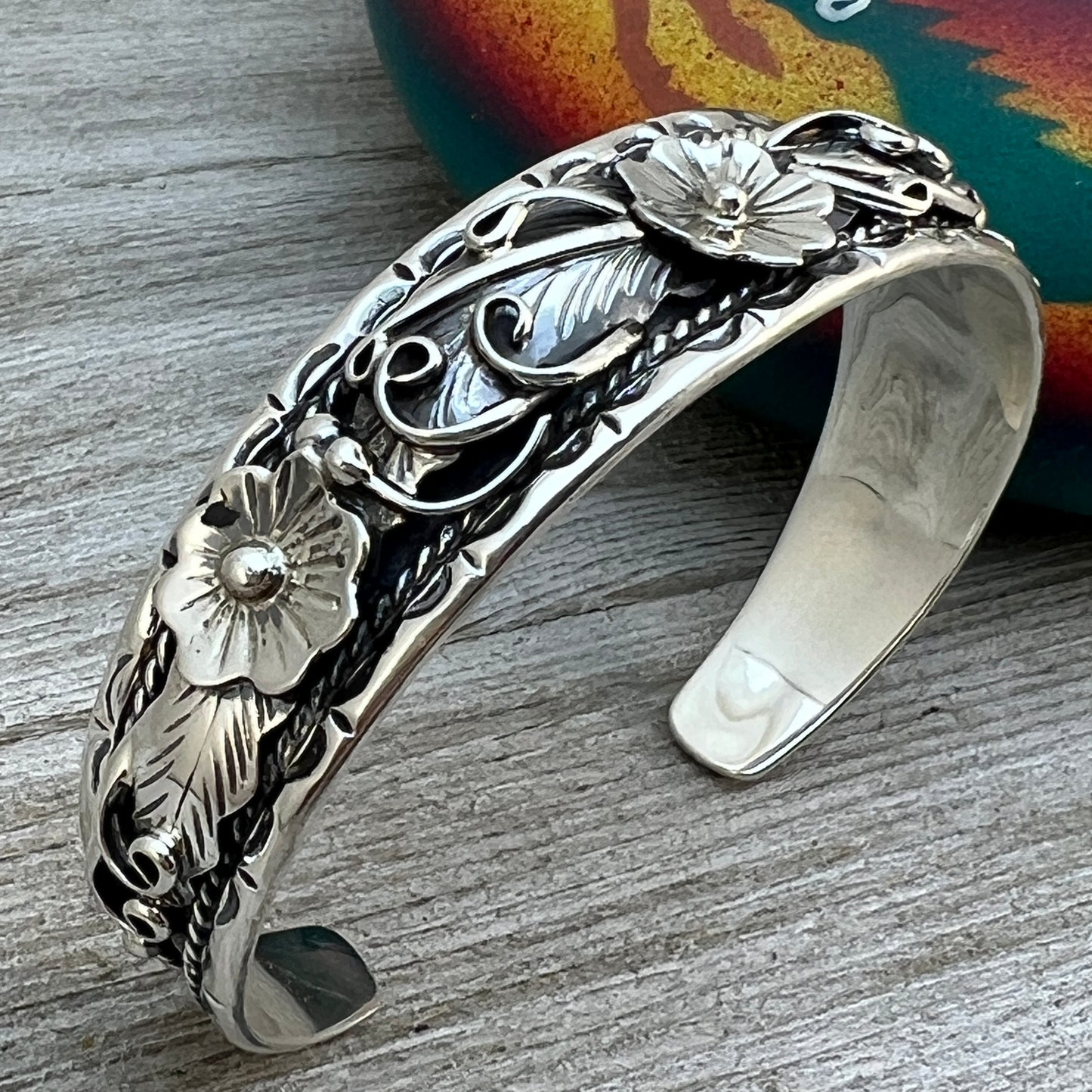 6 1/2" - 7" Sterling silver floral leaves cuff bracelet, Bessie Joe Navajo