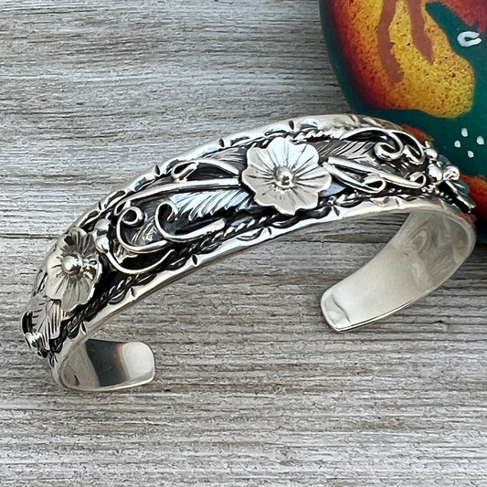 6 1/2" - 7" Sterling silver floral leaves cuff bracelet, Bessie Joe Navajo