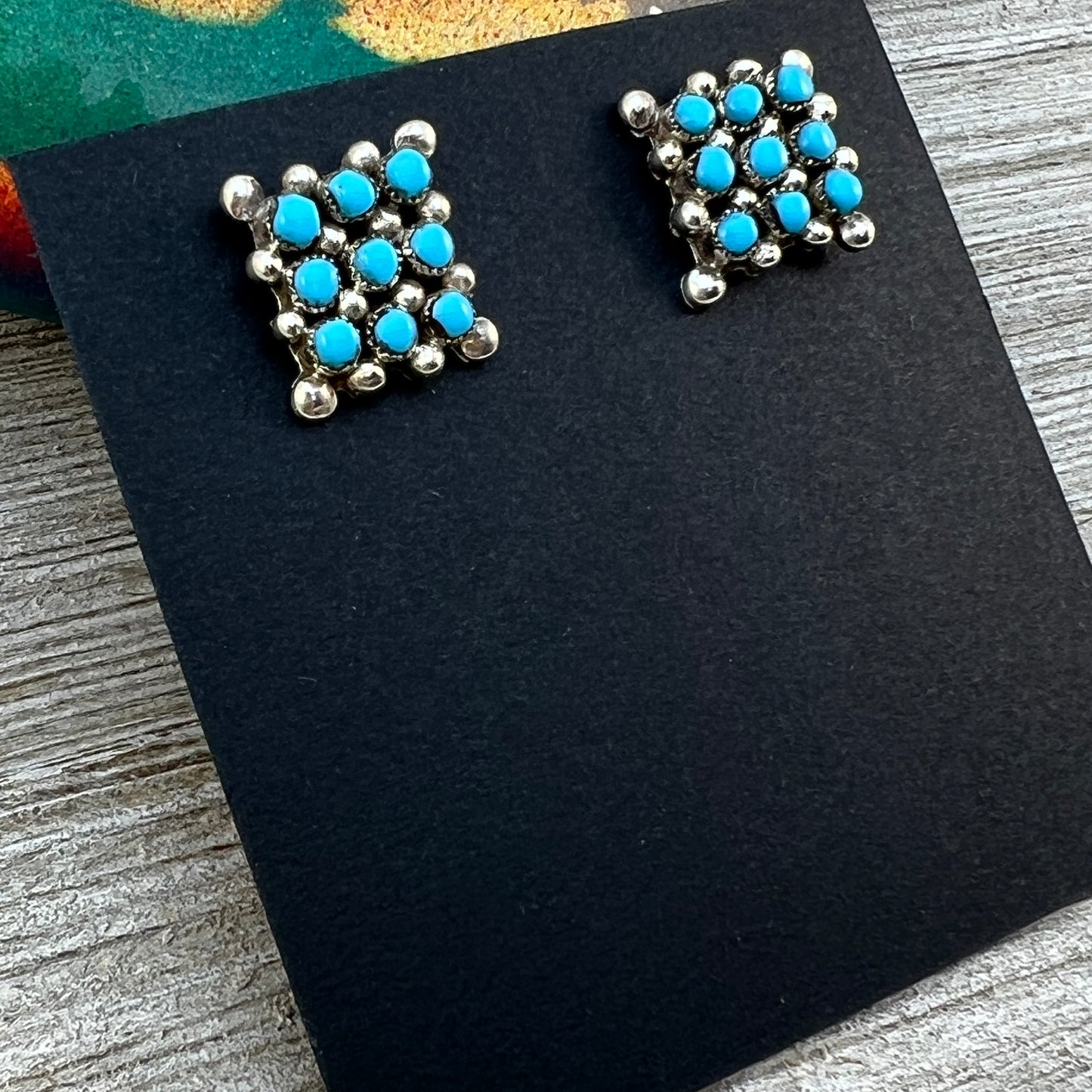 Zuni Turquoise small square snake eye stud earrings, sterling silver, handmade by Calvert Lamy