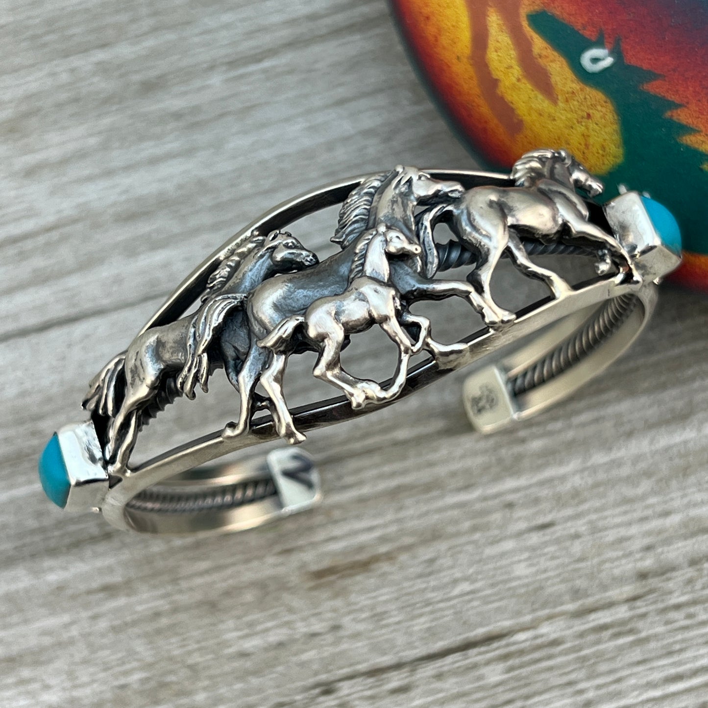 6 1/2" 7" Sterling silver Kingman Turquoise horse cuff bracelet, Navajo handmade Bobby Platero