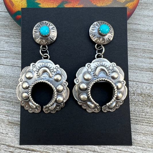 Sterling silver Turquoise Hand stamped naja concho earrings, Navajo Gabrielle Yazzie