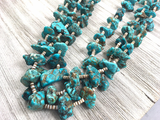 Vintage Turquoise three strand Long 36” Necklace, old turquoise Nuggets, Real turquoise,  boho jewelry beads