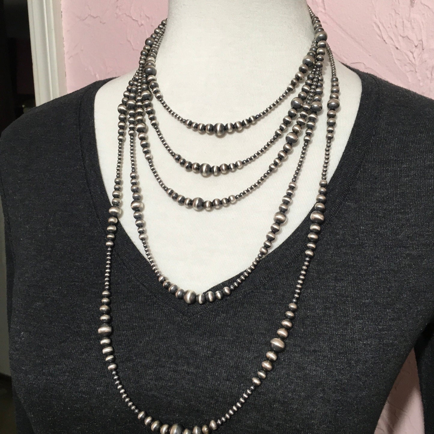 Sterling Silver Southwest Pearls, Graduated BOHO Bead Necklace, Western Oxidized beads