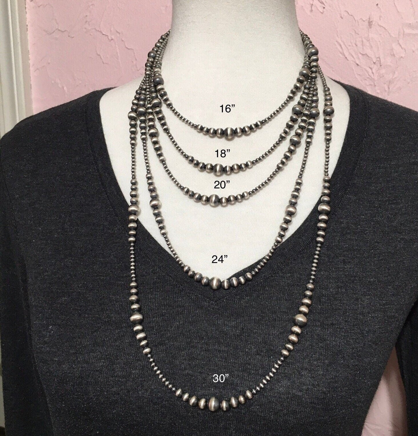 Sterling Silver Southwest Pearls, Graduated BOHO Bead Necklace, Western Oxidized beads